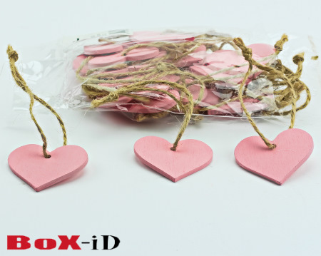Wooden hangers with rope :  Heart2 roze (24st)