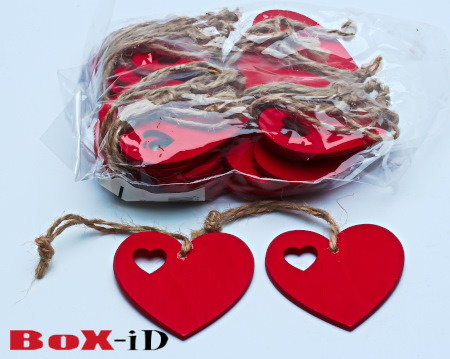 Wooden hangers with rope :  Heart3 red (24pcs)