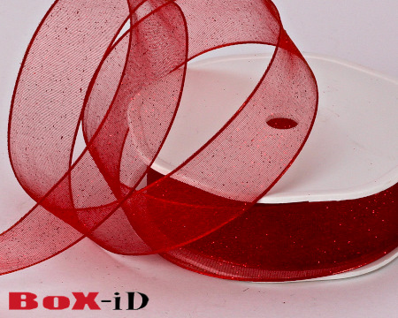 Glitter organza wired  rood   25mm x 15m